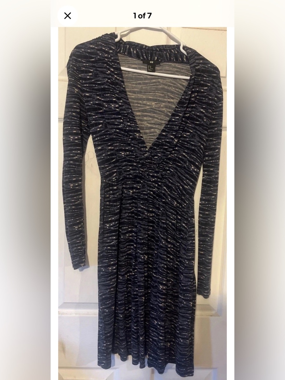 H&M navy XS abstract Print Faux Wrap Artsy Midi Dress Stretch Long Sleeve